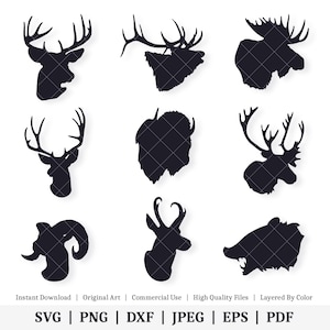 May include: Nine black and white silhouette images of various animal heads, including a moose, deer, elk, bison, and a ram. The images are arranged in a 3x3 grid.