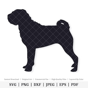 May include: Black silhouette of a Shar-Pei dog standing with its tail curled. The dog is facing to the right.