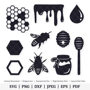 May include: A set of 10 black and white honeybee themed SVG cut files. The set includes a honeycomb, dripping honey, a honeybee, a honey dipper, a jar of honey, and a honeycomb design.