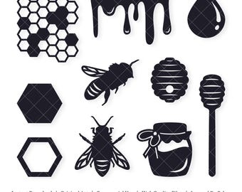 May include: A set of 10 black and white honeybee themed SVG cut files. The set includes a honeycomb, dripping honey, a honeybee, a honey dipper, a jar of honey, and a honeycomb design.