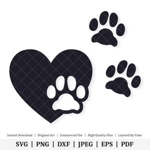 Empreintes de pattes de chat | coeur | Oeuvre D'art Vectorielle | TÉLÉCHARGEMENT NUMÉRIQUE INSTANTANÉ | svg | png | dxf | jpeg | EPS | pdf