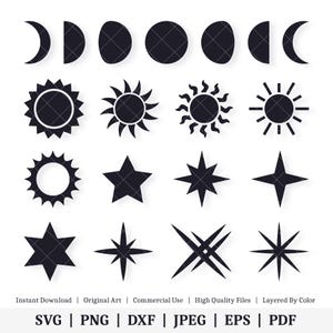 Zon, maan en sterren | Vectorbundel | DIRECT DIGITALE DOWNLOAD | Svg | png | dxf | jpeg | eps | pdf