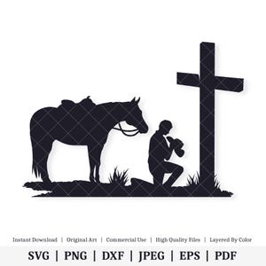 Cowboy bidt aan het kruis | Vectorkunstwerk | DIRECT DIGITALE DOWNLOAD | Svg | png | dxf | jpeg | eps | pdf