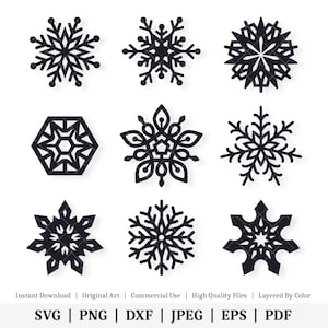 May include: Nine black snowflake designs, perfect for crafting, cutting, and decorating.  These intricate snowflake designs are layered by color and ready to be used in your next project.