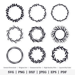 May include: Set of nine black and white wreath designs. The wreaths are made of various leaf and branch patterns. The wreaths are perfect for crafting and design projects.