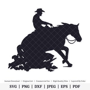 Könnte beinhalten: Schwarze Silhouette eines Cowboys auf einem buckelnden Pferd. Der Cowboy trägt einen Hut und lehnt sich nach vorne. Das Pferd ist mitten im Sprung, die Beine ausgestreckt. Das Bild ist vor weißem Hintergrund.