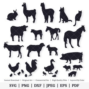 May include: A set of 16 black and white silhouette SVG cut files featuring various farm animals, including a llama, alpaca, goat, sheep, cow, horse, pig, chicken, duck, rabbit, cat, and dog. The files are layered by color and can be used for crafting, scrapbooking, and other creative projects.