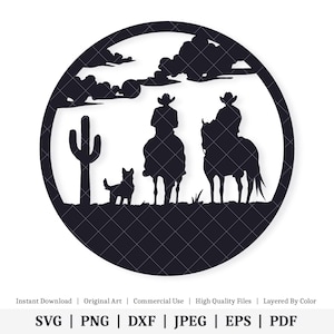 Kowboje na pustyni | Grafika wektorowa | NATYCHMIASTOWE POBIERANIE CYFROWE | svg | png | dxf | jpeg | eps | pdf