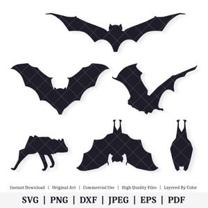 Puede incluir: Conjunto de seis siluetas de murciélagos negros en varias poses, incluyendo volando, colgando boca abajo y posados. Estos archivos de corte digital son perfectos para proyectos de manualidades, scrapbooking y más.