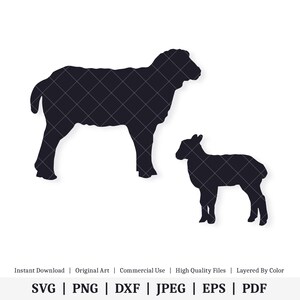 May include: Black silhouette of a sheep and a lamb. The sheep is larger than the lamb and is standing to the left of the lamb. Both animals are facing the right side of the image.