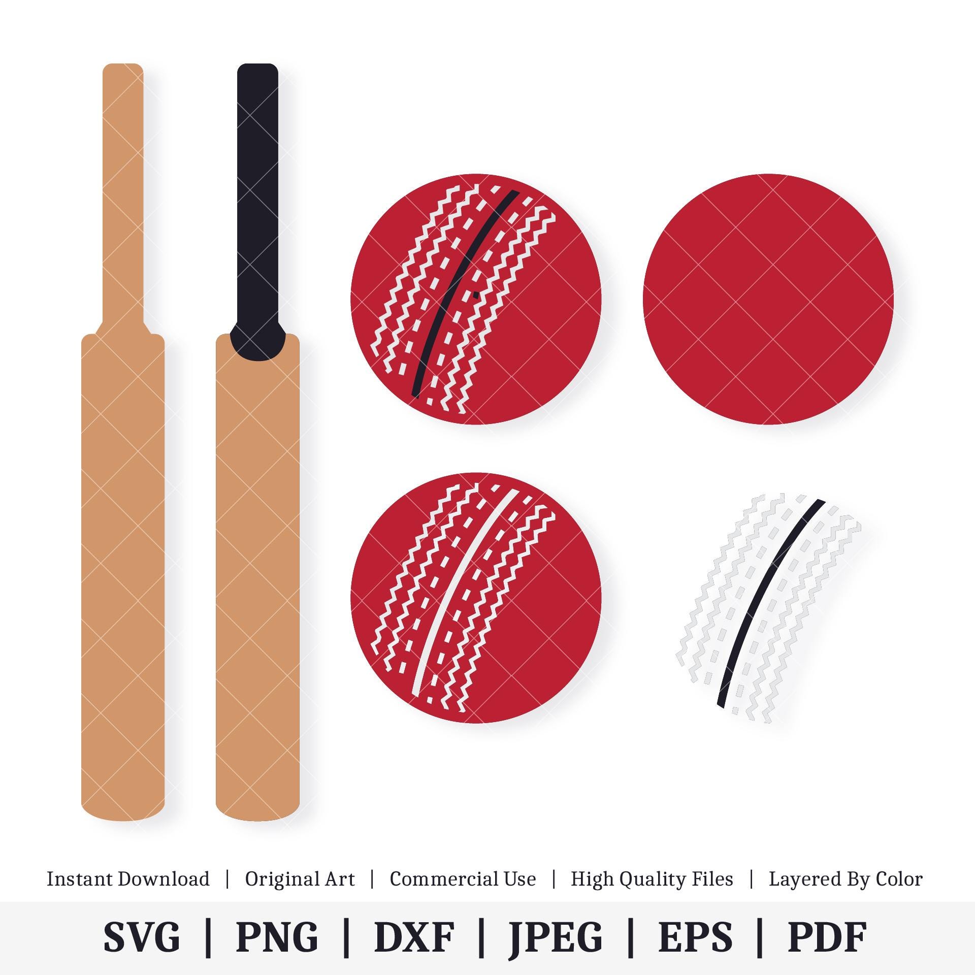 Cricket Ball and Bat | Vector Artwork | INSTANT DIGITAL DOWNLOAD | svg | png | dxf | jpeg | eps | pdf