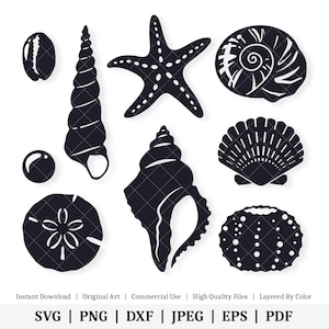 May include: A set of 10 black and white silhouette SVG cut files featuring various seashells, a starfish, and a sand dollar. These digital files are perfect for crafting projects, scrapbooking, and more.