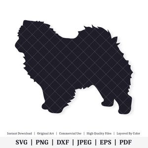 May include: Black silhouette of a Chow Chow dog breed. The dog is standing with its head turned to the side.