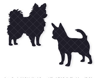 Puede incluir: Dos imágenes de silueta negra de perros Chihuahua. El primer perro está de pie con la cabeza mirando hacia adelante. El segundo perro está de pie con la cabeza girada hacia un lado.