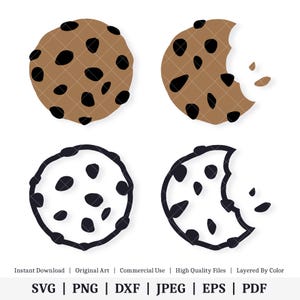 May include: Four digital illustrations of chocolate chip cookies. Two cookies are whole and two cookies have a bite taken out of them. One set of cookies is brown with black chocolate chips and the other set is black with white chocolate chips.