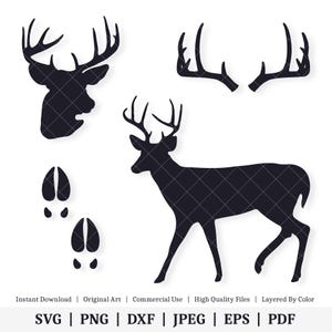 May include: Black silhouette of a deer with antlers, a deer head, and two deer footprints. The deer is walking to the right. The antlers are separate from the deer.