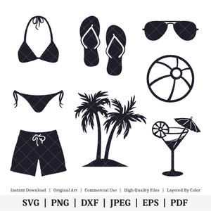Puede incluir: Gráfico vectorial en blanco y negro de iconos con temática de verano y playa. Incluye un top y braguita de bikini, chanclas, gafas de sol, un balón de playa, palmeras, un bañador y un cóctel. El texto en la parte inferior dice: Descarga instantánea, Arte original, Uso comercial, Archivos de alta calidad, Capas por color.