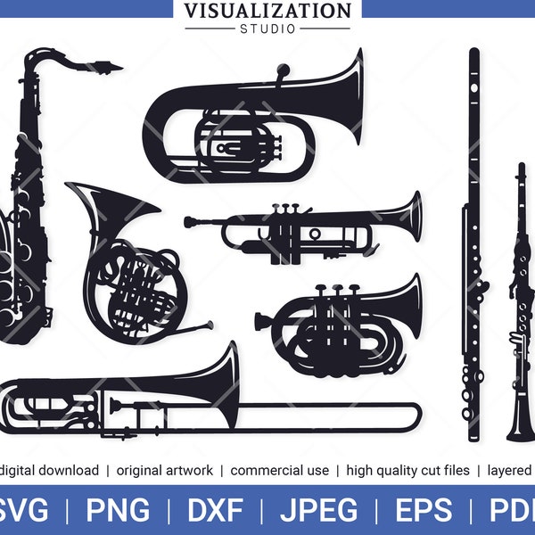 Instrumentos de viento y latón / Conjunto de imágenes prediseñadas vectoriales / DESCARGA DIGITAL INSTANTÁNEA / svg / png / dxf / jpeg / eps / pdf