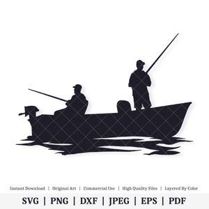 May include: Silhouette of two people fishing from a boat on a lake. The boat has a motor and the people are holding fishing rods.