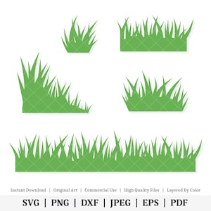 Könnte beinhalten: Fünf verschiedene Designs von grünen Grassilhouetten, perfekt für Bastelprojekte, Scrapbooking oder digitales Design. Die Grasdesigns sind geschichtet und können verwendet werden, um eine Vielzahl von Szenen zu erstellen.