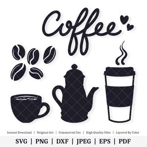 May include: Black and white silhouette design set of coffee themed elements, including a coffee pot, coffee cup, coffee beans, and the word "Coffee" with a heart.