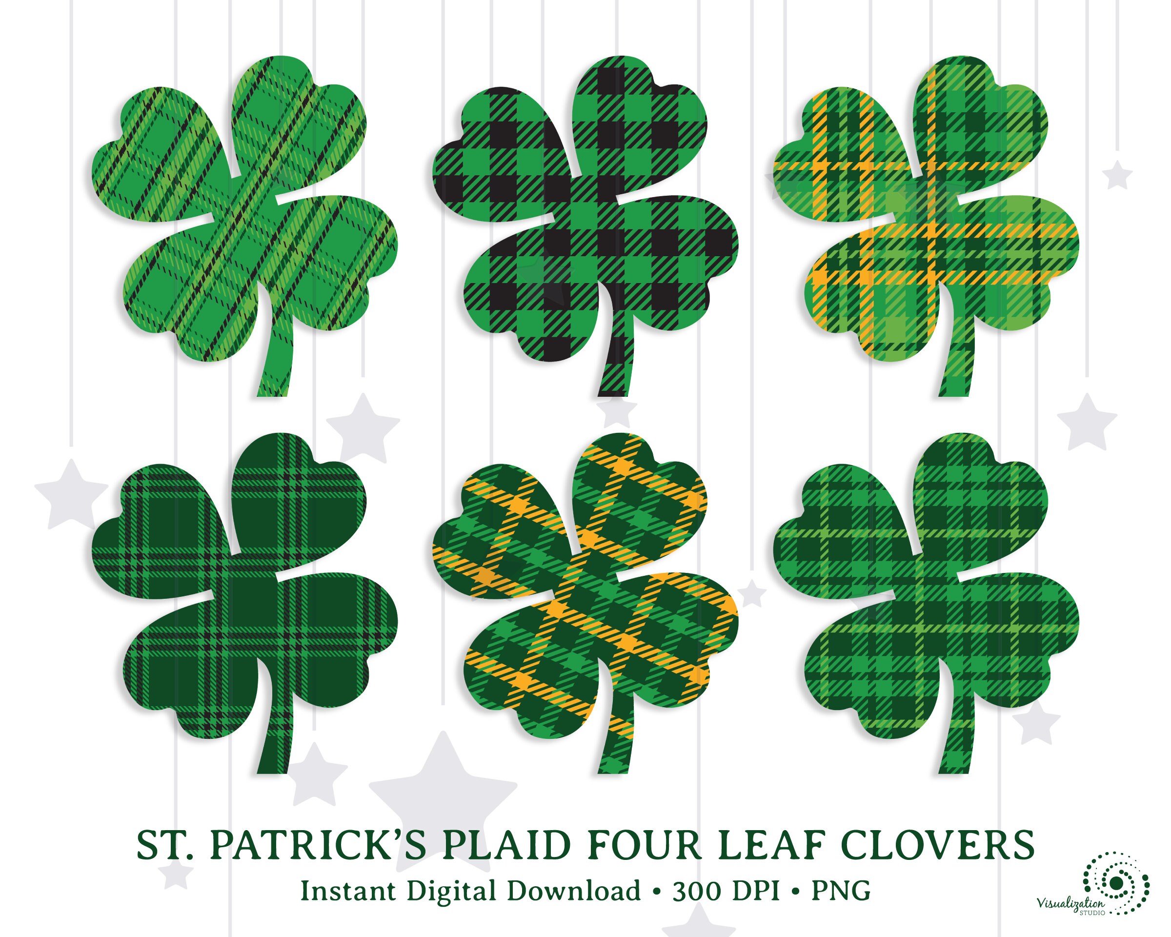 St Patricks Day Plaid Four Leaf Clover Clip Art Set | Etsy