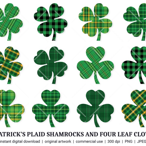 St Patricks Day Plaid Shamrocks and Four Leaf Clovers | Clipart Set | INSTANT DIGITAL DOWNLOAD | png | jpeg