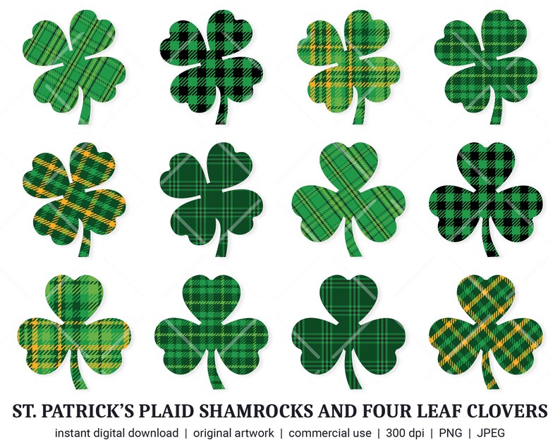 St Patricks Day Plaid Shamrocks and Four Leaf Clovers Clipart Set INSTANT DIGITAL DOWNLOAD png jpeg image 1