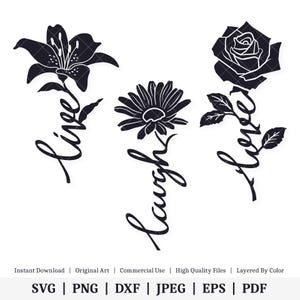 Bloemwoordstelen | Leef Laugh Love | Vectorbundel | DIRECT DIGITALE DOWNLOAD | Svg | png | dxf | jpeg | eps | pdf