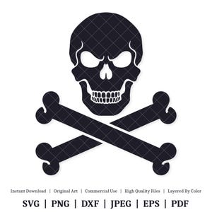 May include: A black and white skull and crossbones design. The skull has a menacing expression with a frown and furrowed brow. The crossbones are positioned behind the skull, with the top bone crossing over the bottom bone.