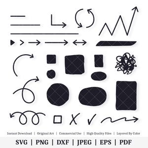 Puede incluir: Un conjunto de 20 flechas, formas y líneas garabateadas en blanco y negro. Los garabatos incluyen flechas que apuntan en diferentes direcciones, círculos, cuadrados y una línea ondulada.