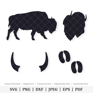 May include: Silhouette of a bison, a head-on view of a bison, two bison horns, and two bison footprints. The images are black against a white background.