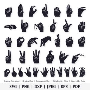 Língua Americana de Sinais | A-Z | 0-10 | Pacote de vetores | DOWNLOAD DIGITAL INSTANTÂNEO | svg | png | dxf | jpeg | eps | pdf