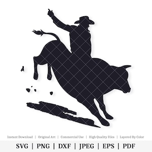 Può includere: Silhouette di un cowboy che cavalca un toro che si imbizzarrisce. Il toro è in aria con le zampe allargate. Il cowboy si tiene alla schiena del toro con una mano e l'altra è alzata in aria.