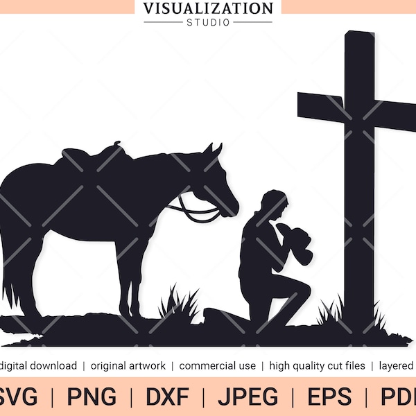 Cowboy Praying At Cross | Vector Clipart | INSTANT DIGITAL DOWNLOAD | svg | png | dxf | jpeg | eps | pdf