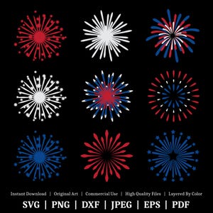 May include: Nine different firework designs in red, white, and blue. The fireworks are layered by color and are perfect for crafting projects.