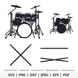 May include: Black and white silhouette of a drum set with two drumsticks crossed and two drumsticks parallel.  Instant Download Original Art Commercial Use High Quality Files Layered By Color SVG | PNG | DXF | JPEG | EPS | PDF