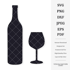 May include: A black silhouette of a wine bottle and a wine glass. The bottle is tall and slender, while the glass is round and has a stem.