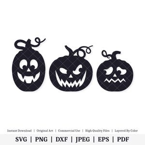 May include: Three black silhouette jack-o'-lantern pumpkins with different facial expressions. The pumpkins are all the same size and shape.