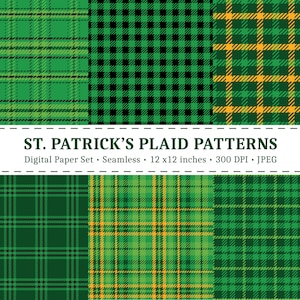 May include: A digital paper set featuring various St. Patrick's Day plaid patterns in shades of green, black, and yellow. The patterns include classic tartan and houndstooth designs. The set is seamless and measures 12 x 12 inches.