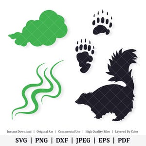 Peut inclure: Un fichier de découpe numérique représentant une moufette, un nuage, un tourbillon de fumée et deux empreintes de pattes d'ours. La moufette est noire avec une bande blanche sur le dos. Le nuage, la fumée et les empreintes de pattes sont verts.
