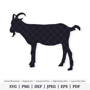 May include: Black silhouette of a goat with horns and a long tail. The goat is standing on all four legs with its head turned to the side.