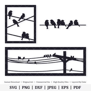 Vogels op een draad | Vectorbundel | DIRECT DIGITALE DOWNLOAD | Svg | png | dxf | jpeg | eps | pdf
