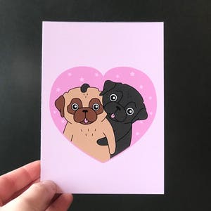 Mopshonden Kaart A6 | Postkaart Liefde | Roze, Hart | Zwarte, Fawn Mops Illustratie