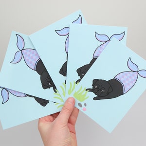 Pug de sirène | Pugs carte A6 | Carte postale | Carlin Illustration | Vadrouilles dessin | Noir Carlin | NAIS