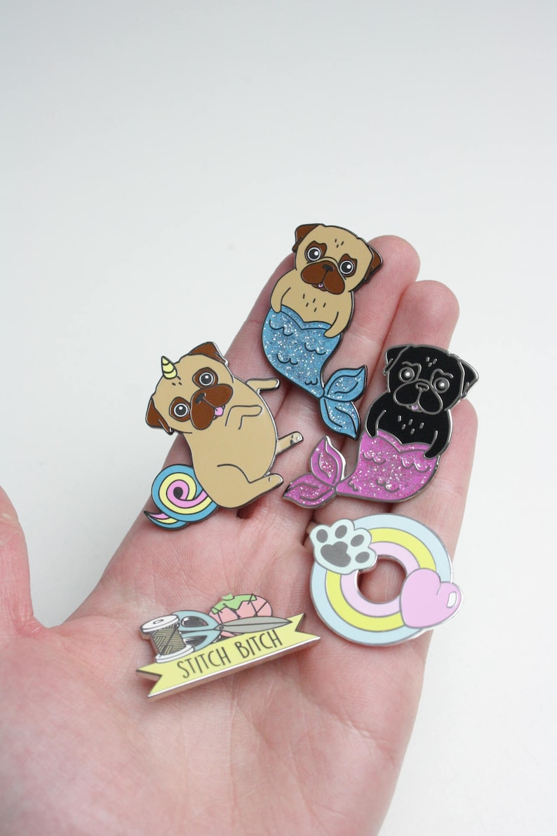 Pug Pin Mermaid Pug Pin | Hard Enamel Dog Brooch | Blue Glitter, Black Nickel ...