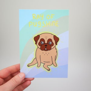 Ray of Pugshine | Mopshonden Kaart A6 | Postkaart Lente | Mopshond Illustratie | Mops Tekening | Zwarte Mopshond | Verliefd | Nais