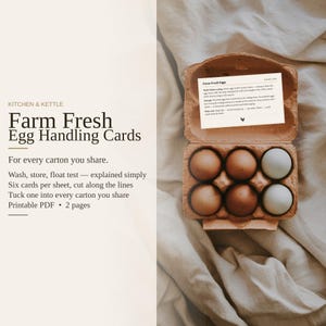 May include: A brown cardboard egg carton containing six eggs in shades of brown and white. A white rectangular card with black text titled Farm Fresh Eggs is tucked into the lid. The text includes instructions for washing, storing, and float testing.