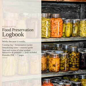 May include: A food preservation logbook with text reading Kitchen & Kettle Food Preservation Logbook, Canning log + fermentation tracker, Dehydrating notes + seasonal guide, Year-end review, Interactive & printable, and 7 pages.