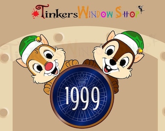 May include: Two cartoon chipmunks wearing Santa hats peek out from behind a blue and gold circular ornament with the year 1999 printed on it.